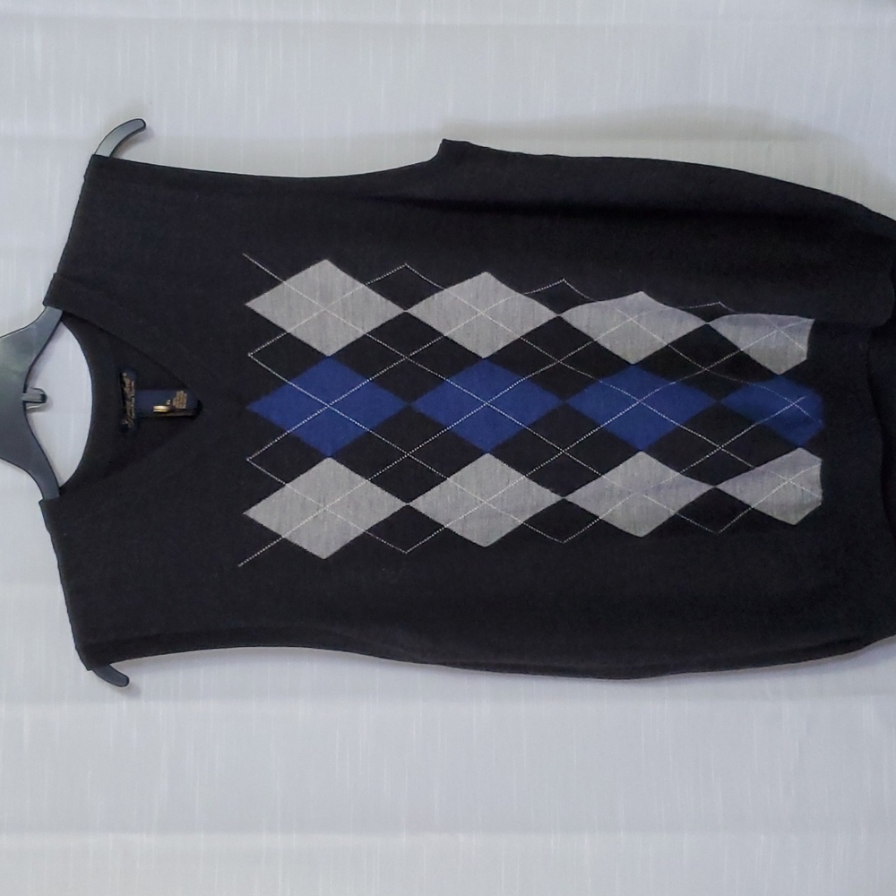 Garret Scott 100% Merino Wool Argyle Vest Size XL Career Professional Gray Blue